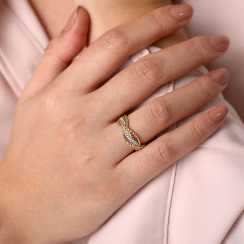 14K White-Yellow Gold Twisted Rope and Diamond Intersecting Ring - LR51732M45JJ-Gabriel & Co.-Renee Taylor Gallery