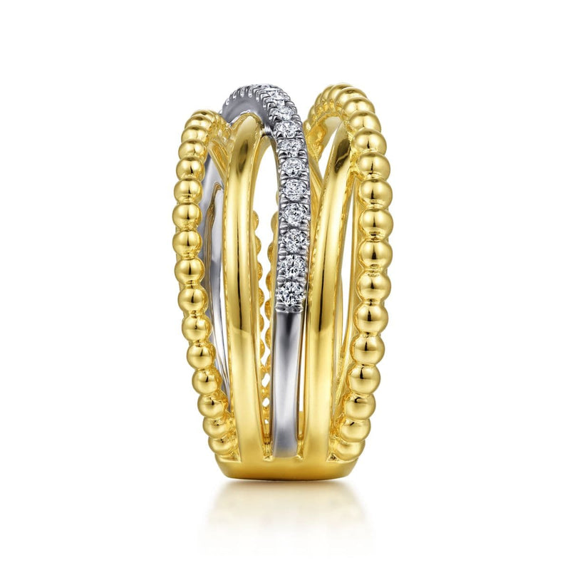 14K White-Yellow Gold Bujukan Ball and Diamond Criss Cross Ring - LR52202M45JJ-Gabriel & Co.-Renee Taylor Gallery