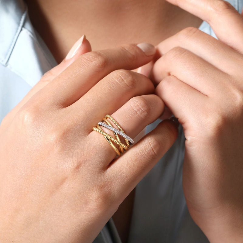 14K White-Yellow Gold Bujukan Ball and Diamond Criss Cross Ring - LR52202M45JJ-Gabriel & Co.-Renee Taylor Gallery