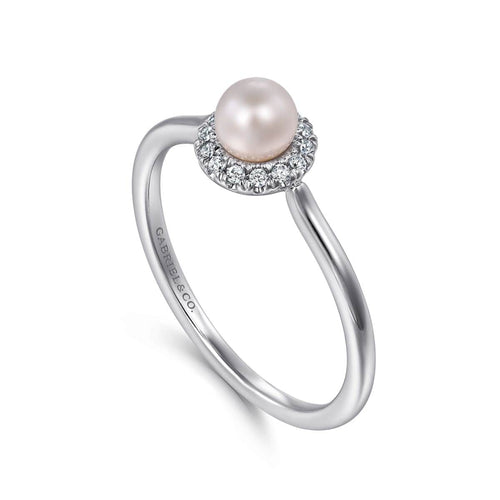 14K White Gold Pearl Ring with Diamond Halo - LR52419W45PL-Gabriel & Co.-Renee Taylor Gallery