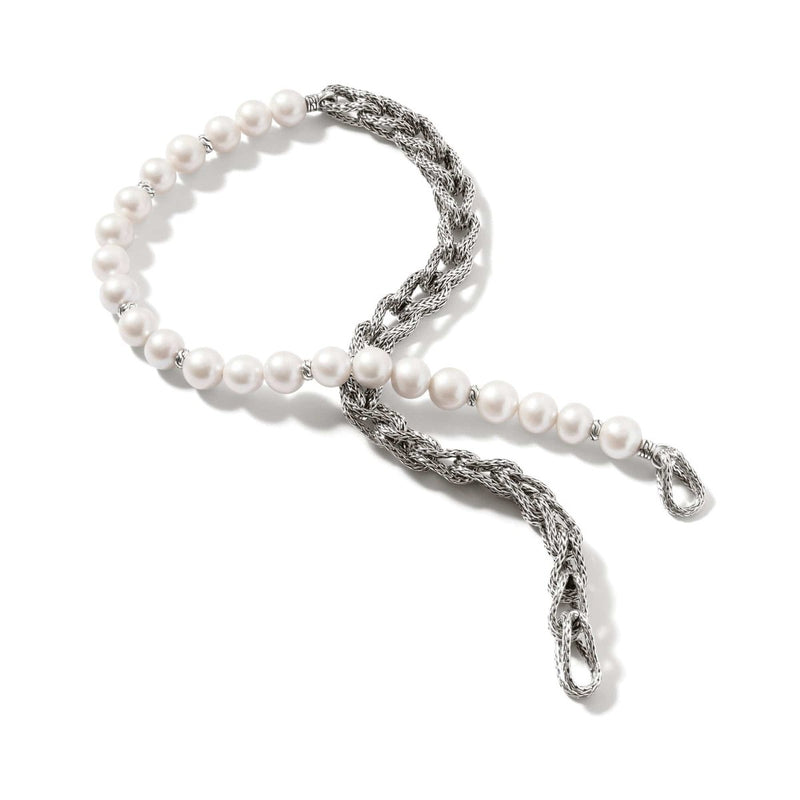 Surf Woven Link Silver Necklace with Cultured Fresh Water Pearl - NB900797-John Hardy-Renee Taylor Gallery