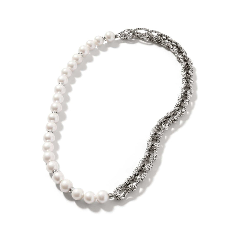 Surf Woven Link Silver Necklace with Cultured Fresh Water Pearl - NB900797-John Hardy-Renee Taylor Gallery