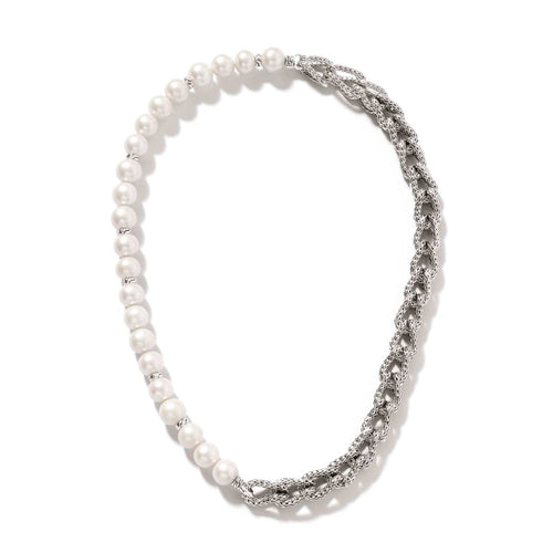 Surf Woven Link Silver Necklace with Cultured Fresh Water Pearl - NB900797-John Hardy-Renee Taylor Gallery