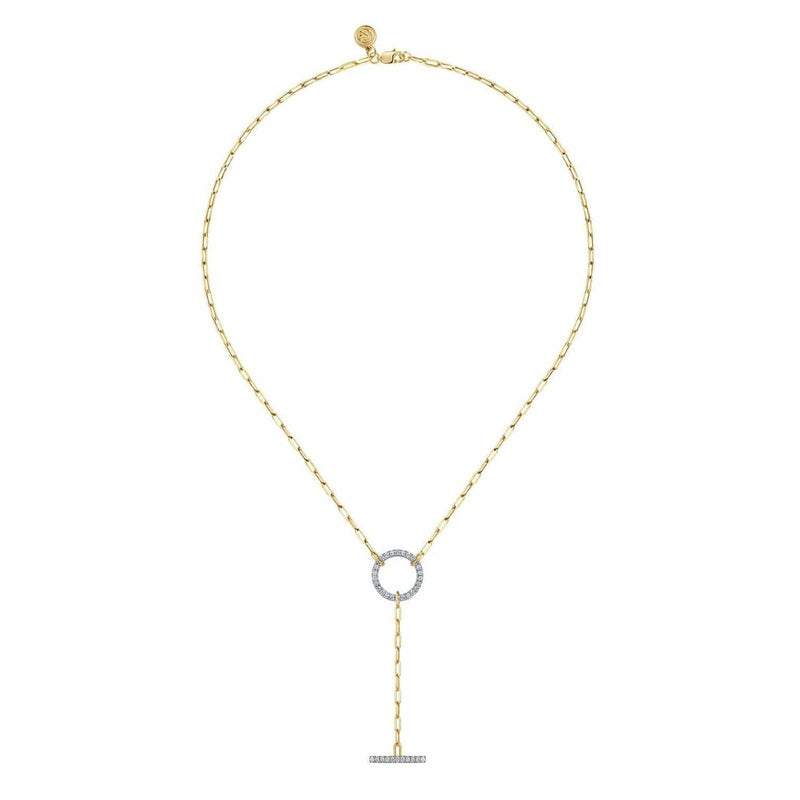 14K Yellow Gold Diamond Circle and Bar Y-Knot Necklace with Hollow Paperclip Chain - NK7130Y45JJ-Gabriel & Co.-Renee Taylor Gallery