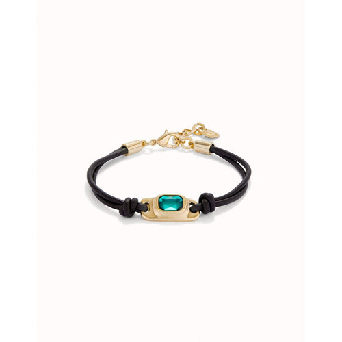 18K gold-plated leather necklace with green crystal - PUL2480VRDORO0M-UNO de 50-Renee Taylor Gallery