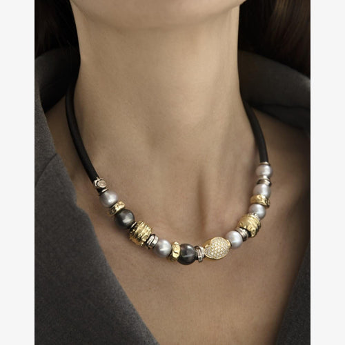 Leather Necklace with Gold, Diamonds and Natural Pearls - C2098-Misani Milano-Renee Taylor Gallery