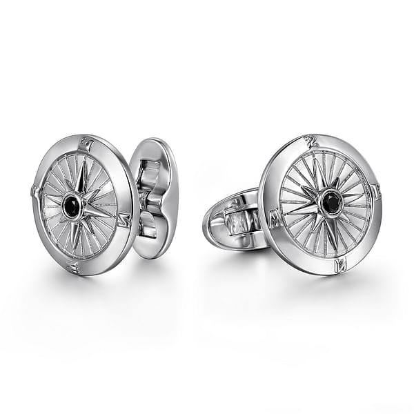Sterling Silver Compass Cufflinks with Black Spinel Stone - CL20015SVJBS-Gabriel & Co.-Renee Taylor Gallery