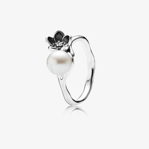 Mystic Floral White Pearl, Clear Cubic Zirconia & Black Enamel Ring - 190924P-Pandora-Renee Taylor Gallery